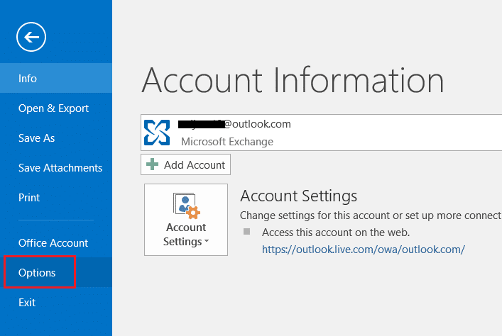 изберете или кликнете на опциите во менито Датотека во Outlook