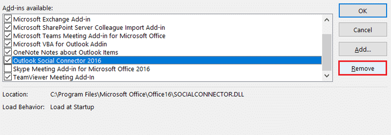 изберете Отстрани во COM Add ins за да ги избришете додатоците во опциите на Outlook. Како да се поправи апликацијата Outlook да не се отвора на компјутер со Windows 10