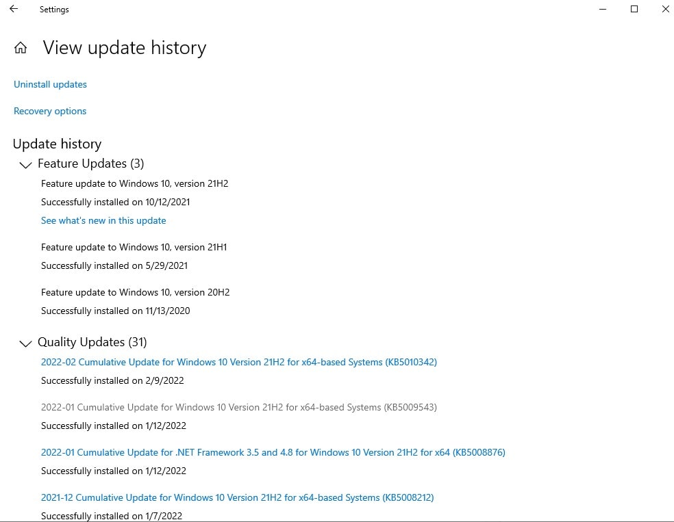 cronologia degli aggiornamenti di Windows