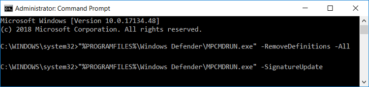 コマンドプロンプトを使用して、WindowsDefenderを更新します