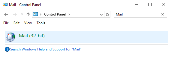 Digite Mail na pesquisa do Painel de Controle e clique em Mail (32 bits) | A correção não pode abrir suas pastas de e-mail padrão. O armazenamento de informações não pôde ser aberto