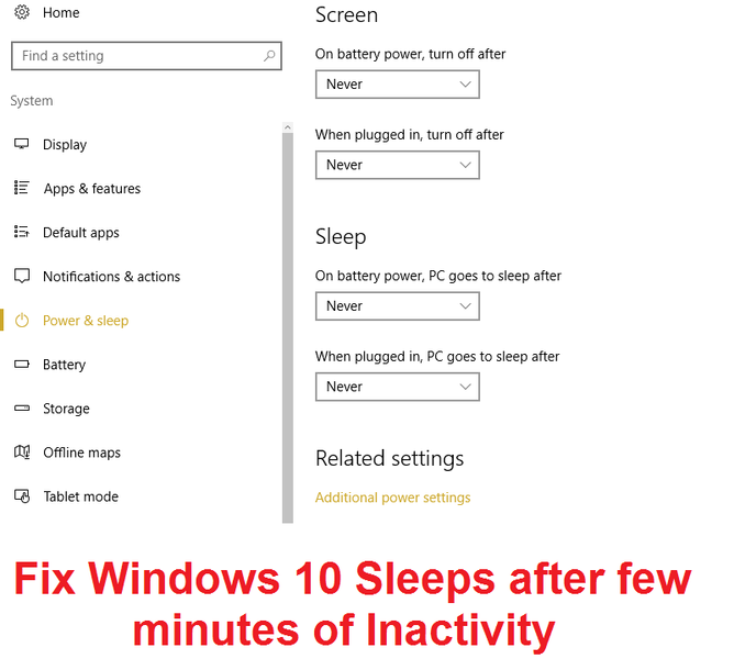 Herstel Windows 10 Slaap na 'n paar minute van onaktiwiteit