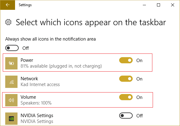 Skontrolujte, či sú ikony hlasitosti alebo napájania alebo skryté systémové ikony zapnuté