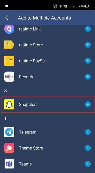 スクロールして、指定されたオプションでSnapchatを探します。それをタップします。 | 1つのAndroidで2つのSnapchatアカウントを実行する