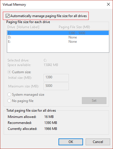 Označite Automatski upravljajte veličinom datoteke stranica za sve diskove