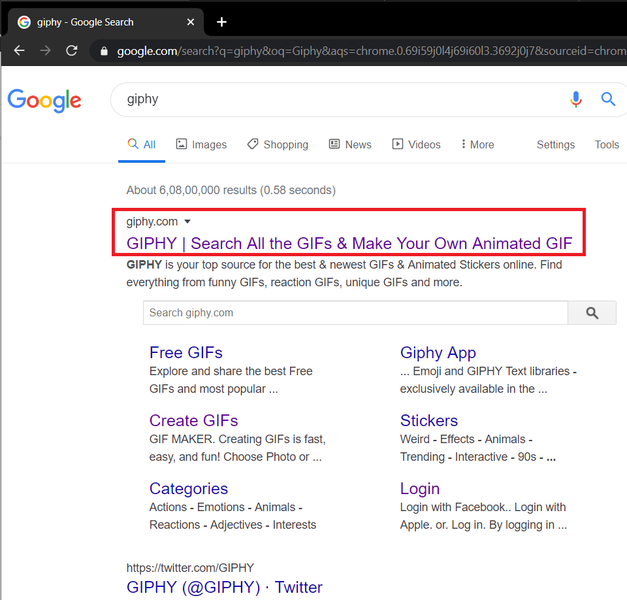 Digita semplicemente la parola GIPHY nella barra di ricerca del tuo browser web preferito, premi invio