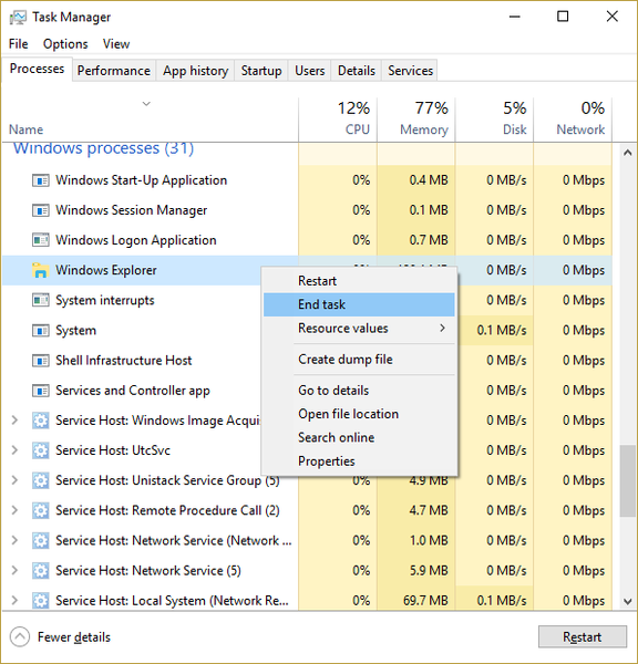 regskliek op Windows Explorer en kies Beëindig Taak | Stel soektog reg wat nie werk nie in Windows 10