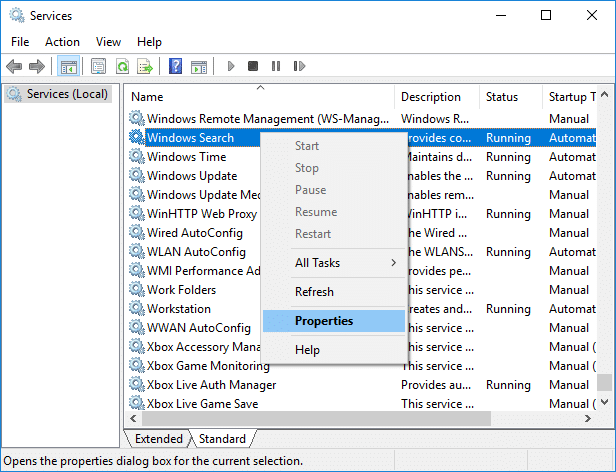 Fare clic con il tasto destro del mouse sul servizio di ricerca di Windows, quindi selezionare Proprietà | Risolto il problema con la ricerca non funzionante in Windows 10