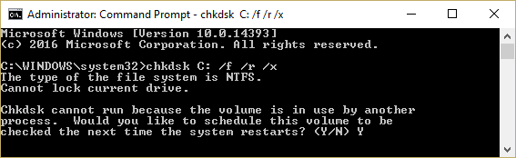 esegui il controllo del disco chkdsk C: /f /r /x