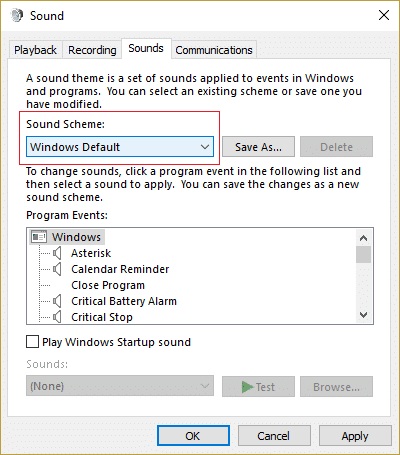 Səs sxemini 'Səs yoxdur' və ya Windows standartı olaraq dəyişdirin