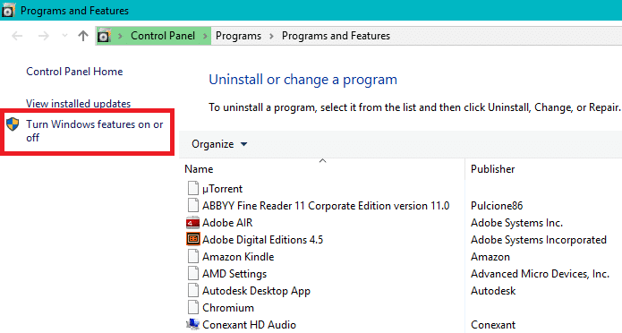 Kliknite na Uključi ili isključi Windows funkcije