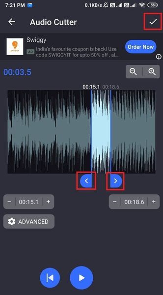 Trascina i bastoncini blu per tagliare il tuo file audio MP3 e fai clic sull'icona Verifica
