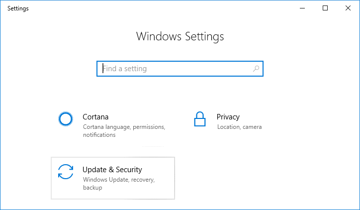 Pressione a tecla Windows + I para abrir Configurações e clique no ícone Atualização e segurança | Corrigir as configurações do Windows 10 ganhou