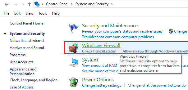 დააწკაპუნეთ Windows Firewall-ზე