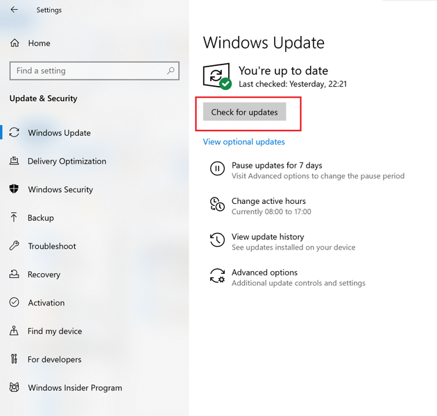 Windows güncellemelerini yüklemek için güncellemeleri kontrol et'e tıklayın