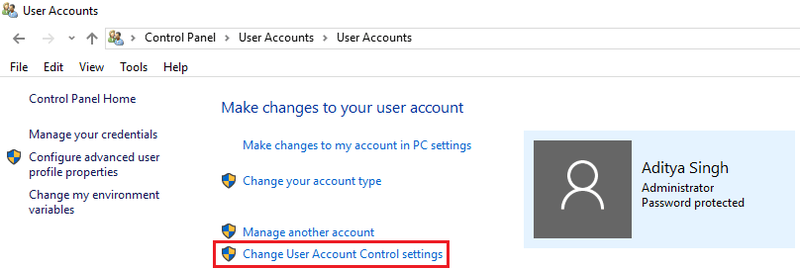 cliccate Cambia Settings User Account Control