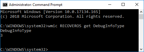 wmic RECOVEROS obter DebugInfoType | Configure o Windows 10 para criar arquivos de despejo na tela azul da morte