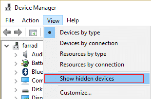 kliknite na prikaz, a zatim prikažite skrivene uređaje u Device Manageru