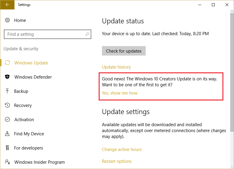 Disattiva l'avviso di Windows Creators Update in Windows Update
