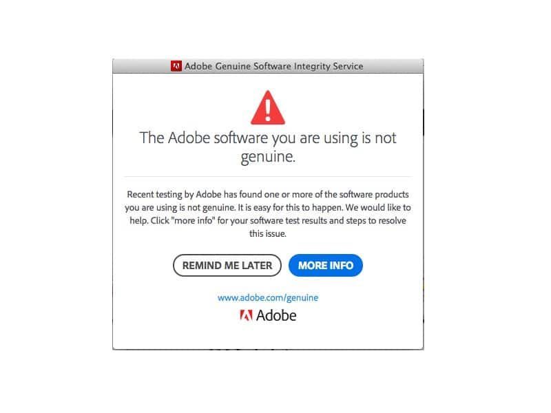 Corrigir o erro 'O software Adobe que você está usando não é genuíno