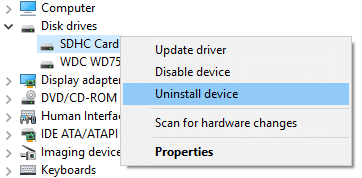 Fare clic con il pulsante destro del mouse sulla scheda SD in Unità disco, quindi selezionare Disinstalla dispositivo