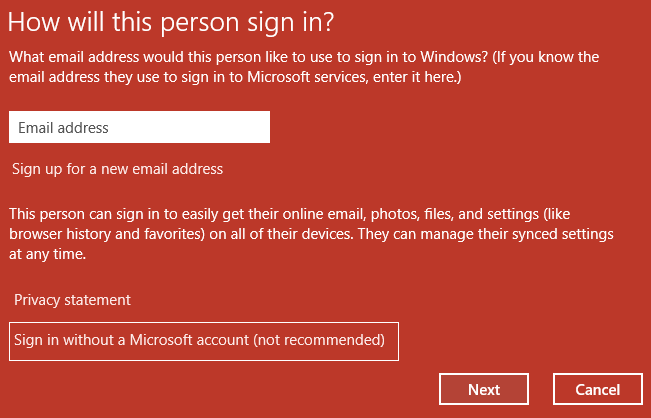 Na tela Como essa pessoa entrará, clique em Entrar sem uma conta da Microsoft