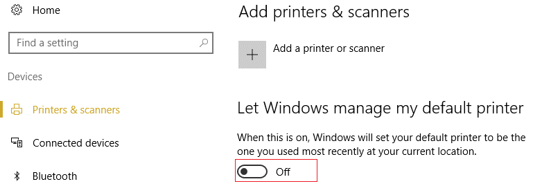 Desative a alternância em Permitir que o Windows gerencie minha configuração de impressora padrão