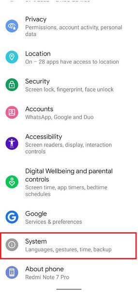 В приложението Настройки превъртете надолу до Системни настройки. | Как да заобиколите проверката на акаунт в Google на телефон с Android