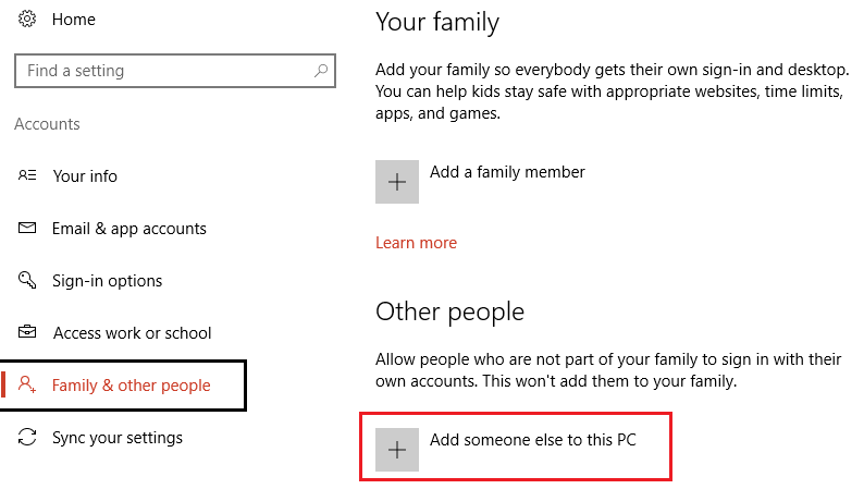 Porodica i drugi ljudi zatim dodajte nekog drugog na ovaj računar | Kreirajte lokalni korisnički nalog na Windows 10