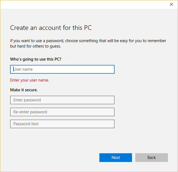 Sada upišite korisničko ime i lozinku za novi nalog i kliknite na Next | Kreirajte lokalni korisnički nalog na Windows 10