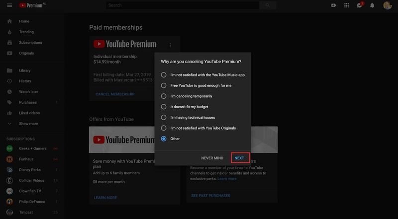 Seleziona il motivo dell'annullamento | Come annullare YouTube Premium