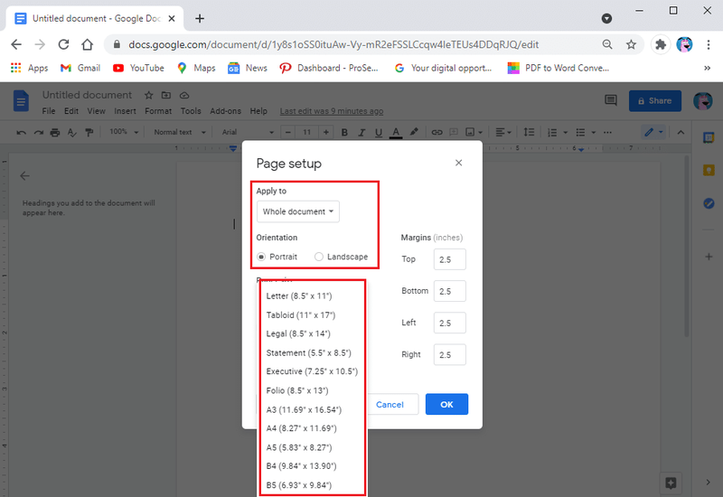 Aplicando as margens às páginas selecionadas ou a todo o documento | Alterar margens no Google Docs