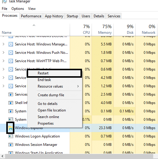 Clique com o botão direito do mouse no Windows Explorer e selecione Reiniciar | Corrigir Alt + Tab não está funcionando