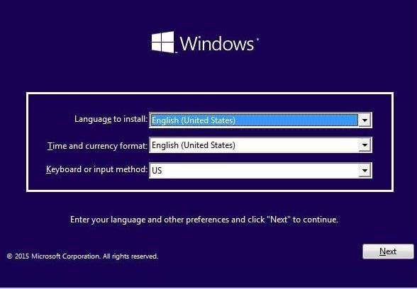 აირჩიეთ თქვენი ენა Windows 10 ინსტალაციის დროს