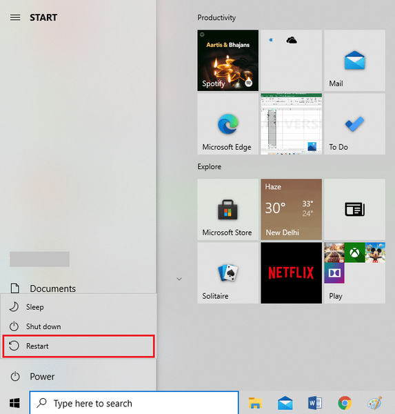 Klik op Power en selecteer Opnieuw opstarten | Stotterend geluid in Windows 10 oplossen