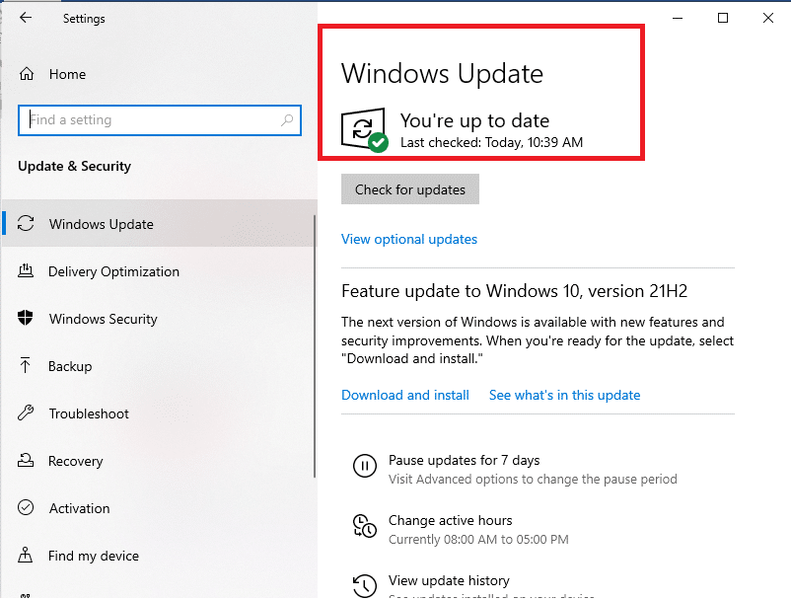 更新がない場合は、WindowsUpdateが最新のものとして表示されます。利用可能なアップデートがある場合は、先に進んで保留中のアップデートをインストールしてください。
