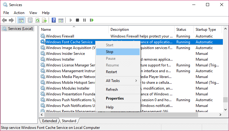 fare clic con il pulsante destro del mouse su Servizi cache caratteri di Windows e fare clic su Interrompi