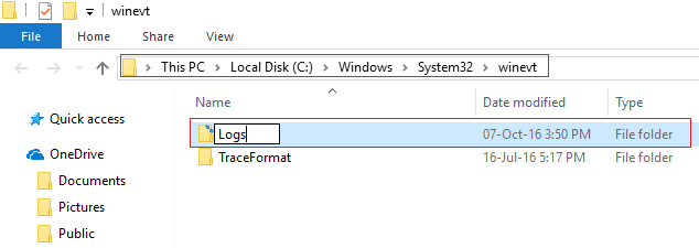 rinominare la cartella Logs in Windows, quindi System 32, quindi Winevt