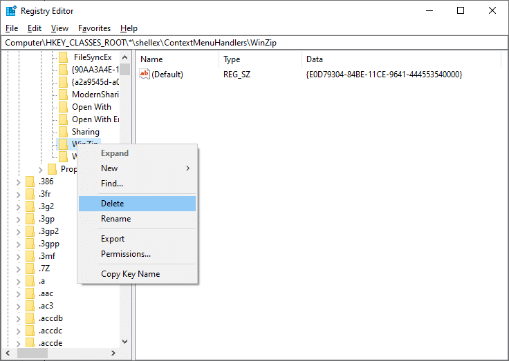 次に、WinZipフォルダーを右クリックし、[削除]オプションを選択してファイルを削除します。