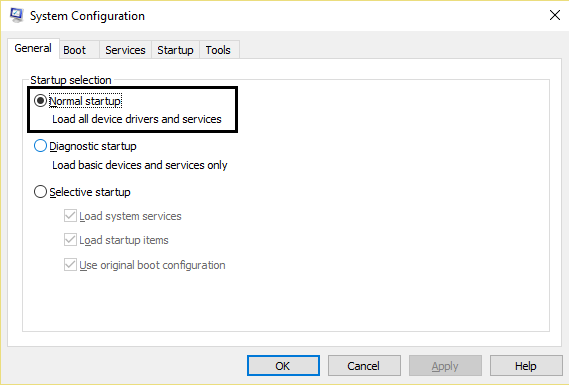 stelselkonfigurasie aktiveer normale opstart / Voer skoon opstart in Windows 10