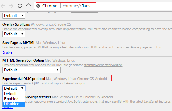 Deaktiveer Eksperimentele QUIC-protokol | [VESTIG] ERR_QUIC_PROTOCOL_ERROR in Chrome