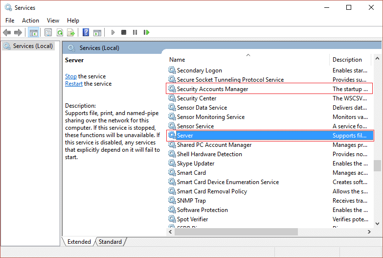 Trova Security Account Manager e Server nella finestra services.msc