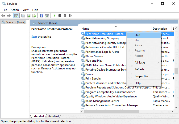 ピア名解決プロトコルサービスを右クリックし、[スタート]、[開始]の順に選択します。修正Windows10でホームグループを作成できない