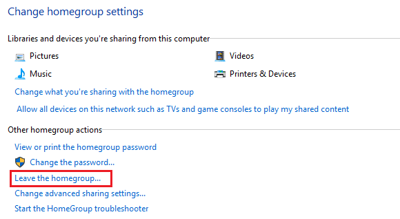 HomeGroup内で、Leave theHomeGroup|をクリックします。修正Windows10でホームグループを作成できない
