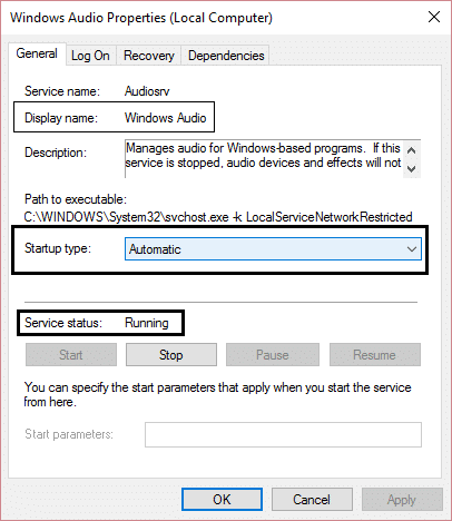 serviços de áudio do Windows automáticos e em execução