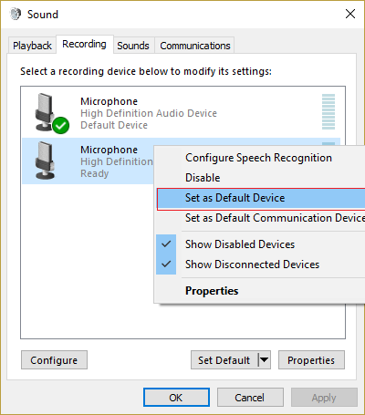clique com o botão direito do mouse no seu microfone e clique em definir como dispositivo padrão