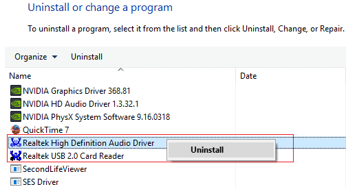 unsintall realtek driver audio in alta definizione