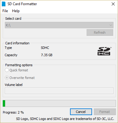 Você verá a janela SD Card Formatter que mostrará o status da formatação do seu cartão SD