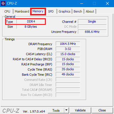CPU Z의 메모리 탭에 설치된 RAM에 대한 세부 정보 표시 | Windows 10에서 RAM 유형을 확인하는 방법