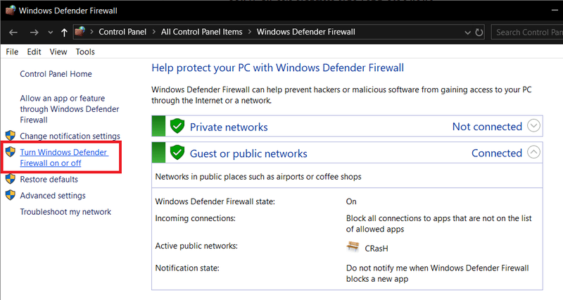 Cliccate nant'à Turn Windows Defender Firewall on o off presente nant'à u latu manca di a finestra Firewall